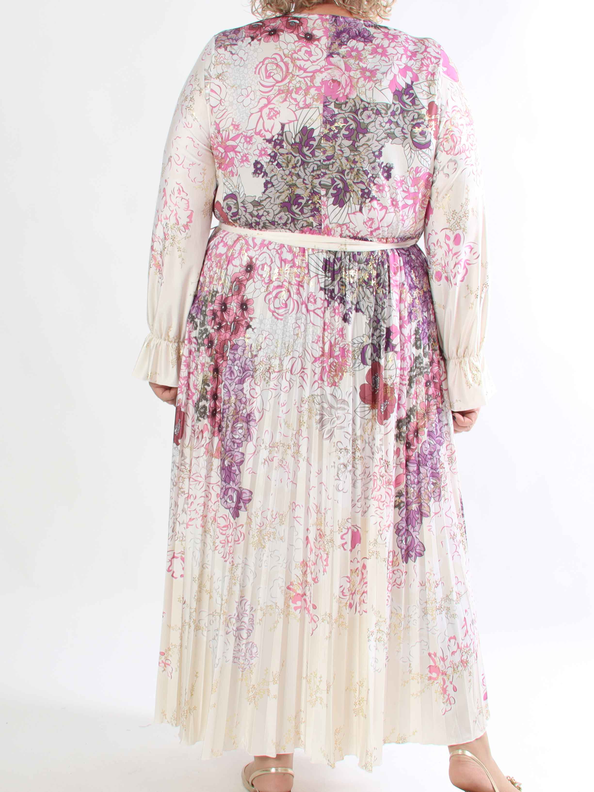 Silvija Flower - Lang plus size mønstret kjole med plisseret skørt